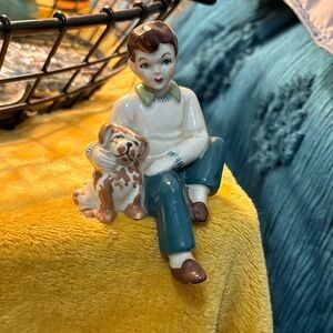 Vintage Porcelain Boy Figurine with Dog - Teal Pants